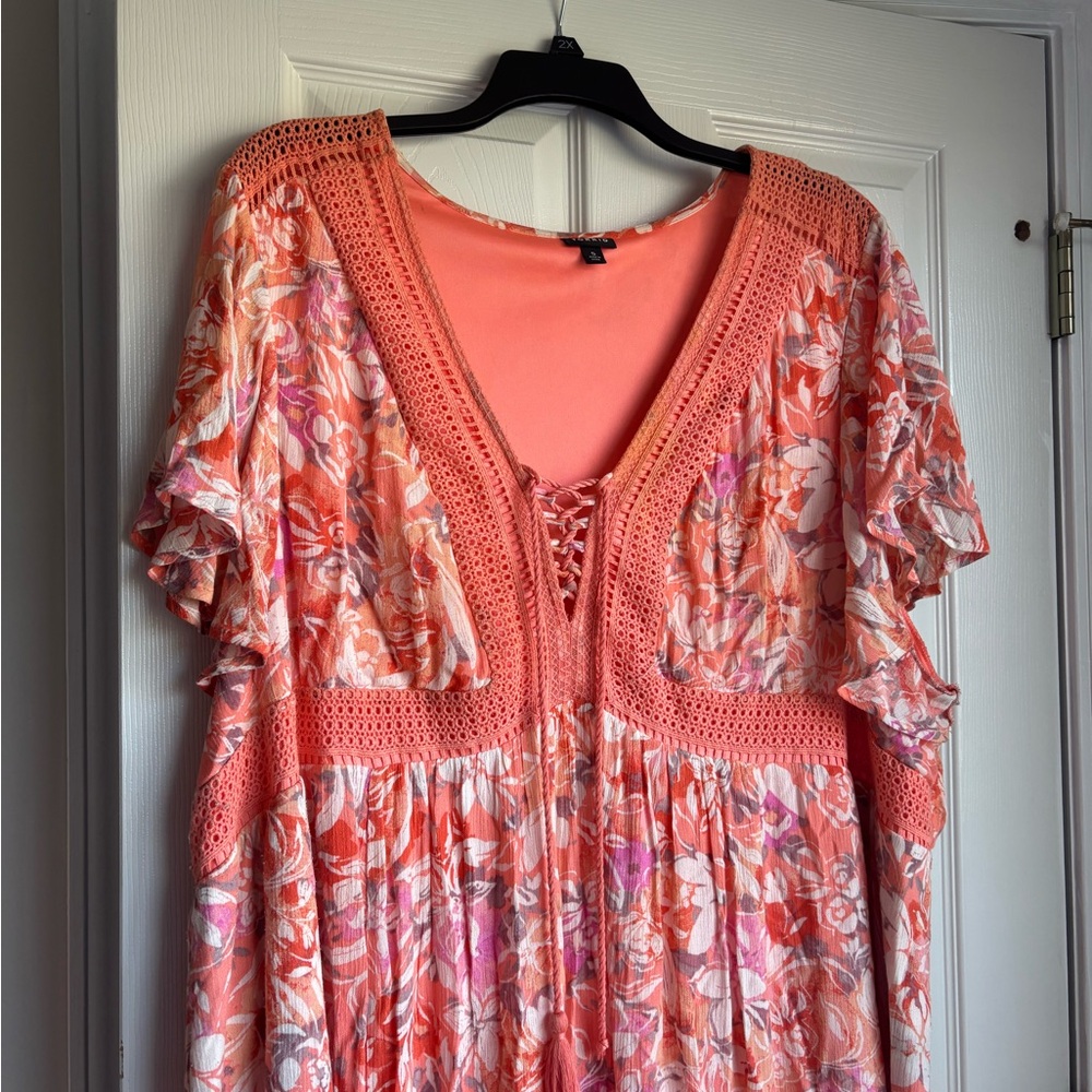 torrid Coral Floral Maxi Dress with Crochet V-Neck - Picture 2 of 5